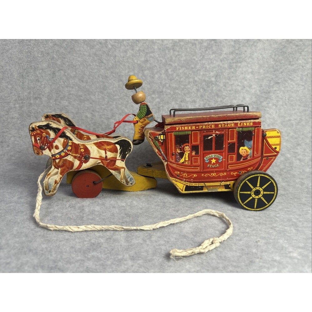 Vintage Fisher Price 1954 Pull Toy Stage Coach Gold Star Line Western Wood PLAY